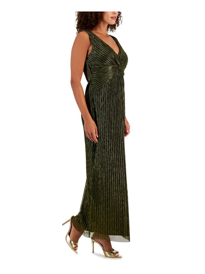 CONNECTED APPAREL Womens Gold Metallic Zippered Twisted Pleated Lined Sleeveless V Neck Full-Length Evening Empire Waist Dress 4