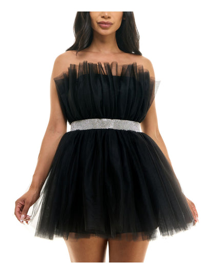 B DARLIN Womens Black Zippered Lined Tulle Embellished Waistline Sleeveless Strapless Short Party Fit + Flare Dress Juniors 3\4
