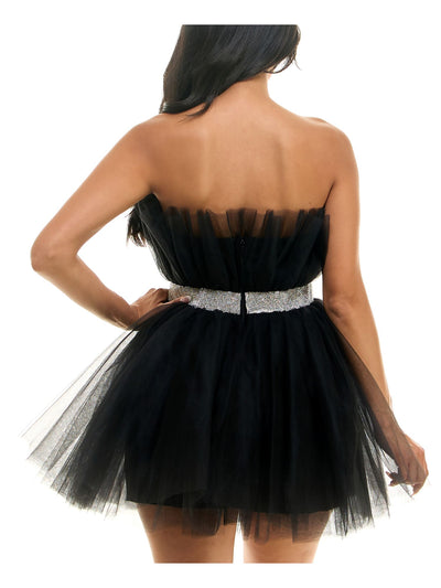 B DARLIN Womens Black Zippered Lined Tulle Embellished Waistline Sleeveless Strapless Short Party Fit + Flare Dress Juniors 3\4