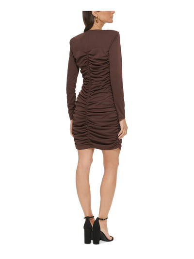 GUESS Womens Brown Ruched Cut Out Zippered Long Sleeve Round Neck Short Party Body Con Dress 6