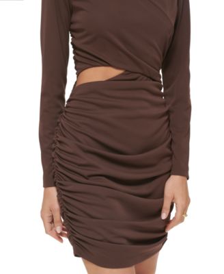 GUESS Womens Brown Ruched Cut Out Zippered Long Sleeve Round Neck Short Party Body Con Dress 6