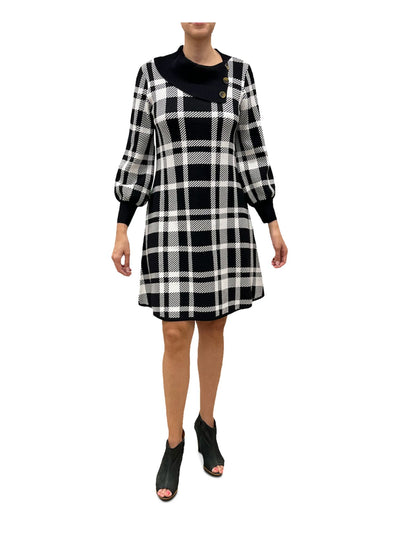 SIGNATURE BY ROBBIE BEE Womens Black Plaid Mock Neck Above The Knee Sweater Dress XL