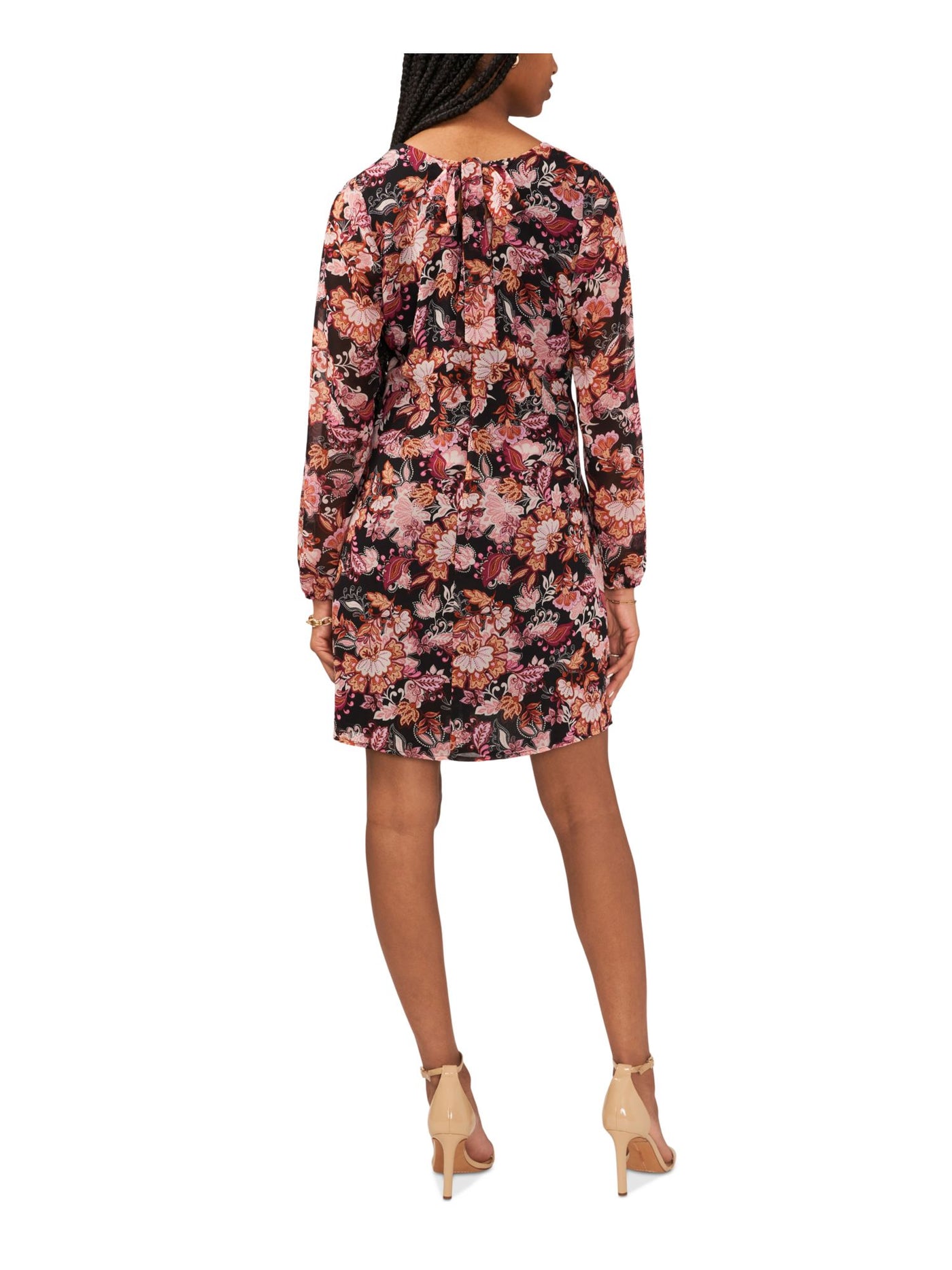 MSK Womens Black Zippered Lined Tie Keyhole Back Printed Long Sleeve V Neck Short Party Sheath Dress L