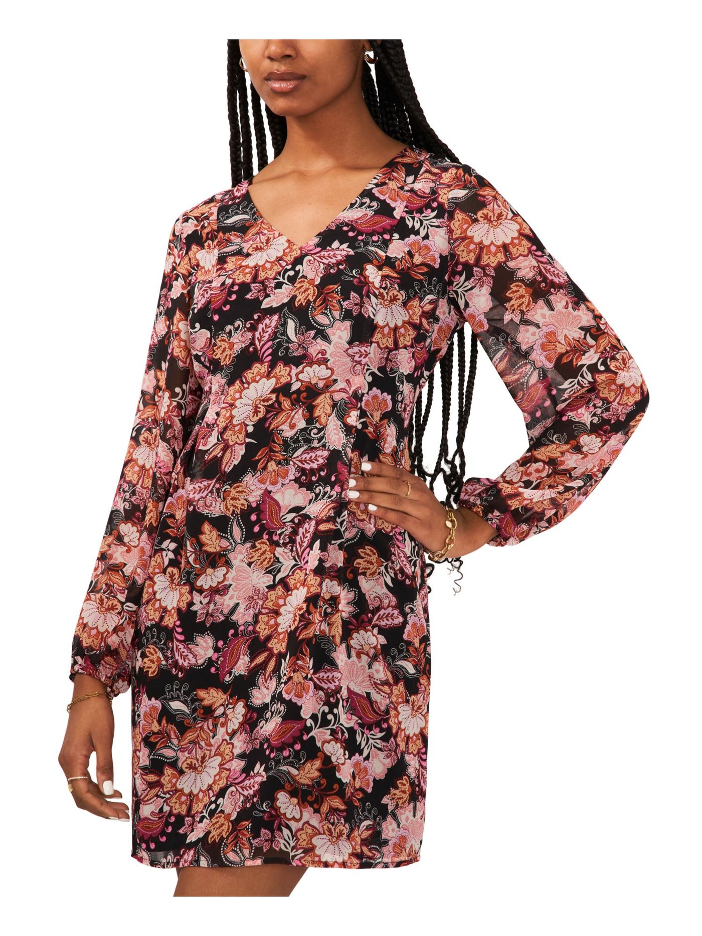 MSK Womens Black Zippered Lined Tie Keyhole Back Printed Long Sleeve V Neck Short Party Sheath Dress L