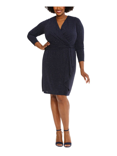 LONDON TIMES WOMAN Womens Navy Zippered Ruffled Glitter Knotted Lined Speckle 3/4 Sleeve Surplice Neckline Above The Knee Cocktail Sheath Dress Plus 18W
