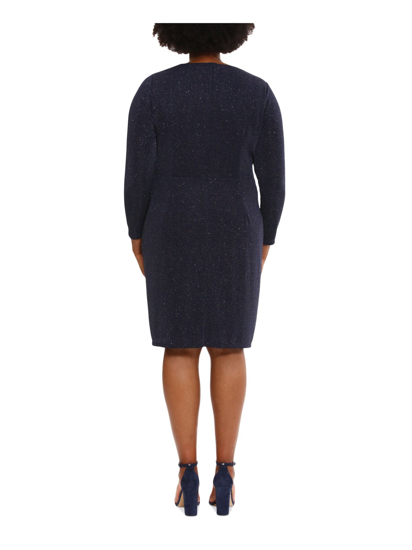 LONDON TIMES WOMAN Womens Navy Zippered Ruffled Glitter Knotted Lined Speckle 3/4 Sleeve Surplice Neckline Above The Knee Cocktail Sheath Dress Plus 18W