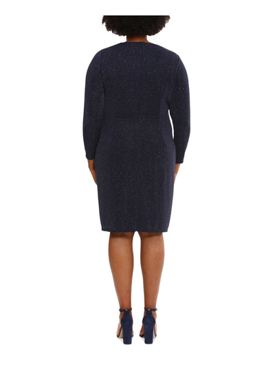 LONDON TIMES WOMAN Womens Navy Zippered Ruffled Glitter Knotted Lined Speckle 3/4 Sleeve Surplice Neckline Above The Knee Cocktail Sheath Dress Plus 18W