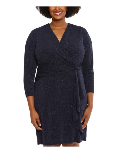 LONDON TIMES WOMAN Womens Navy Zippered Ruffled Glitter Knotted Lined Speckle 3/4 Sleeve Surplice Neckline Above The Knee Cocktail Sheath Dress Plus 18W