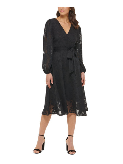 KENSIE DRESSES Womens Black Zippered Tie Lined Balloon Sleeve Surplice Neckline Below The Knee Fit + Flare Dress 2