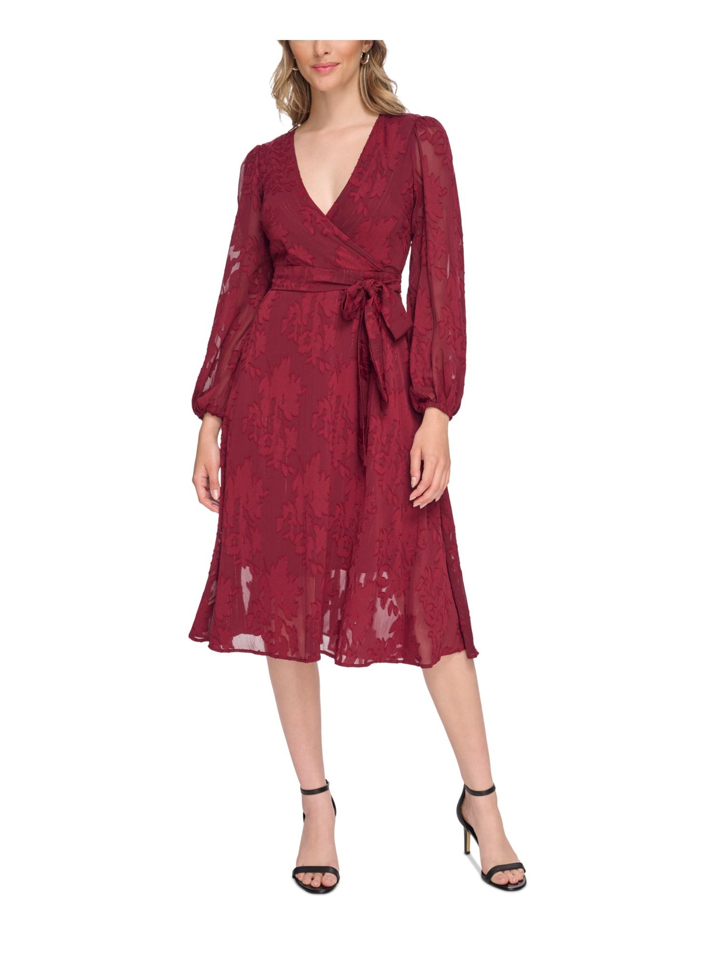 KENSIE DRESSES Womens Burgundy Zippered Tie-belt Lined Balloon Sleeve Surplice Neckline Below The Knee Wear To Work Fit + Flare Dress 6