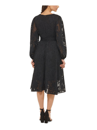 KENSIE DRESSES Womens Black Zippered Tie Lined Balloon Sleeve Surplice Neckline Below The Knee Fit + Flare Dress 4