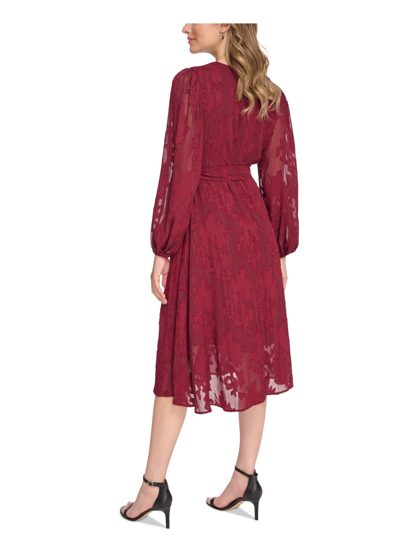 KENSIE DRESSES Womens Burgundy Zippered Tie-belt Lined Balloon Sleeve Surplice Neckline Below The Knee Wear To Work Fit + Flare Dress 8