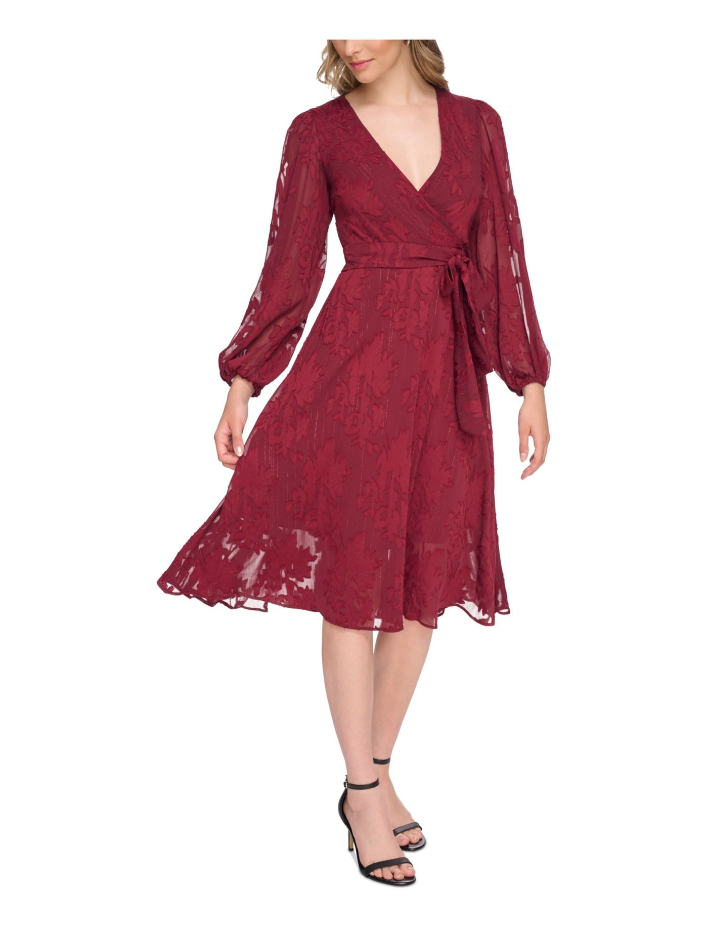 KENSIE DRESSES Womens Burgundy Zippered Tie-belt Lined Balloon Sleeve Surplice Neckline Below The Knee Wear To Work Fit + Flare Dress 8