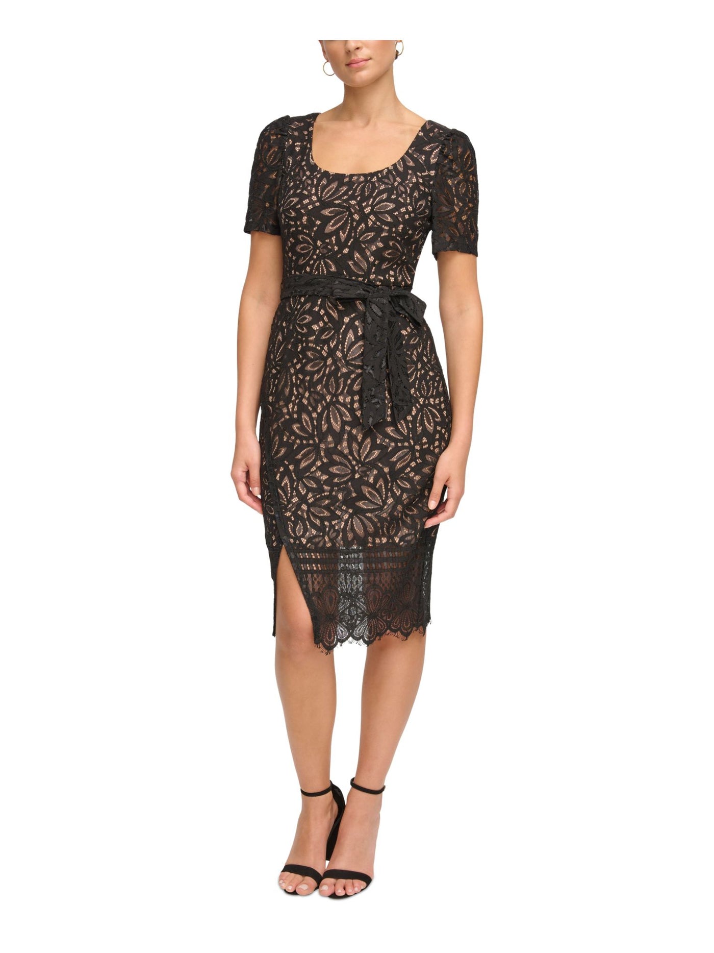 KENSIE DRESSES Womens Black Zippered Slitted Sheer Lined Tie Belt Fringed Floral Short Sleeve Scoop Neck Below The Knee Party Sheath Dress 0