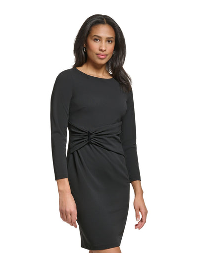 DKNY Womens Black Zippered Unlined Gathered Logo Hardware Long Sleeve Boat Neck Above The Knee Party Sheath Dress 4