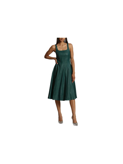 AVEC LES FILLES Womens Green Faux Leather Zippered Lined Seamed Detailing Scoop Back Sleeveless Square Neck Below The Knee Party Fit + Flare Dress XS