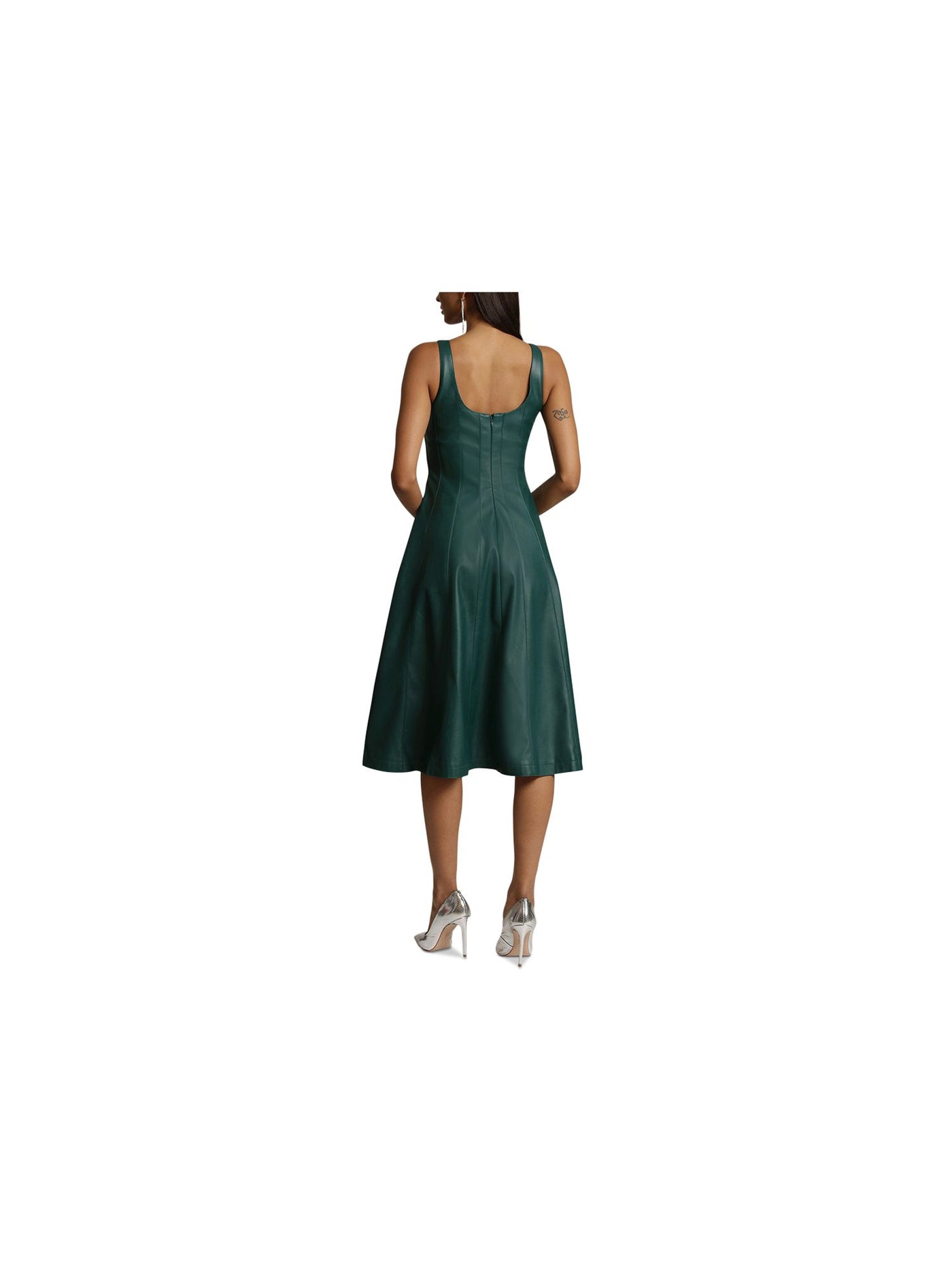 AVEC LES FILLES Womens Green Faux Leather Zippered Lined Seamed Detailing Scoop Back Sleeveless Square Neck Below The Knee Party Fit + Flare Dress XS