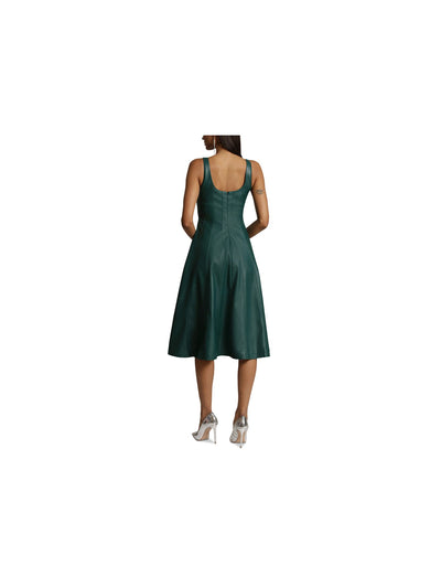 AVEC LES FILLES Womens Green Faux Leather Zippered Lined Seamed Detailing Scoop Back Sleeveless Square Neck Below The Knee Party Fit + Flare Dress XS