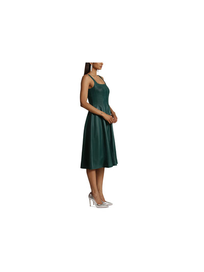 AVEC LES FILLES Womens Green Faux Leather Zippered Lined Seamed Detailing Scoop Back Sleeveless Square Neck Below The Knee Party Fit + Flare Dress XS
