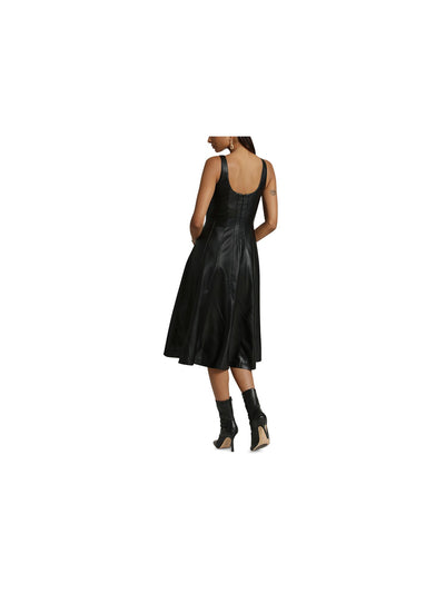 AVEC LES FILLES Womens Black Faux Leather Zippered Lined Seamed Detailing Scoop Back Sleeveless Square Neck Below The Knee Party Fit + Flare Dress XS