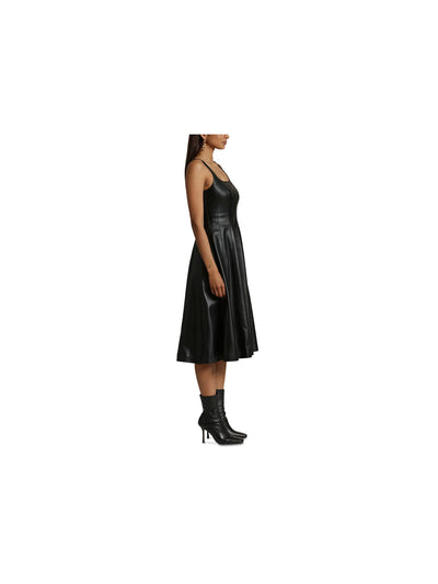 AVEC LES FILLES Womens Black Faux Leather Zippered Lined Seamed Detailing Scoop Back Sleeveless Square Neck Below The Knee Party Fit + Flare Dress XS
