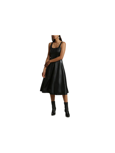 AVEC LES FILLES Womens Black Faux Leather Zippered Lined Seamed Detailing Scoop Back Sleeveless Square Neck Below The Knee Party Fit + Flare Dress XS