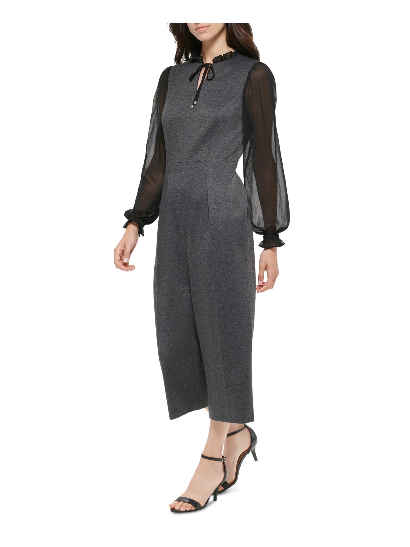 TOMMY HILFIGER Womens Gray Zippered Ruffled Tie Neck Herringbone Long Sleeve Wear To Work Cropped Jumpsuit 14