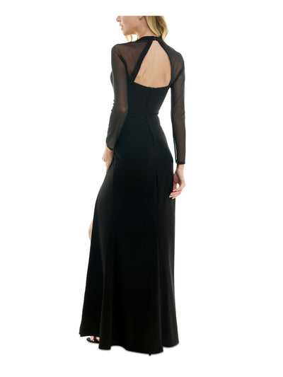 CITY STUDIO Womens Black Zippered Lined Cutout Back High-slit Long Sleeve Square Neck Full-Length Formal Gown Dress Juniors 1