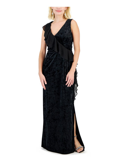 CONNECTED APPAREL Womens Black Slitted Ruffled Zippered Sleeveless V Neck Full-Length Evening Sheath Dress Petites 4P