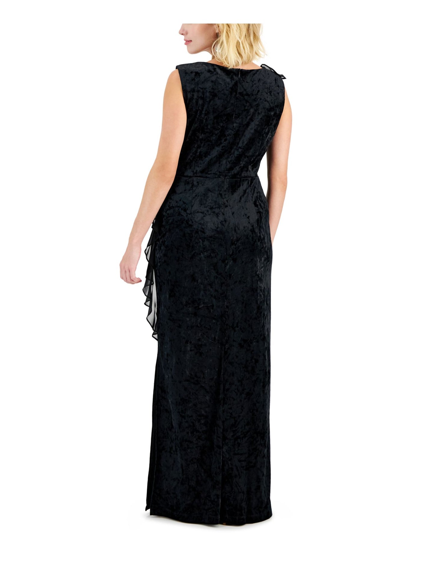 CONNECTED APPAREL Womens Black Slitted Ruffled Zippered Sleeveless V Neck Full-Length Evening Sheath Dress Petites 4P