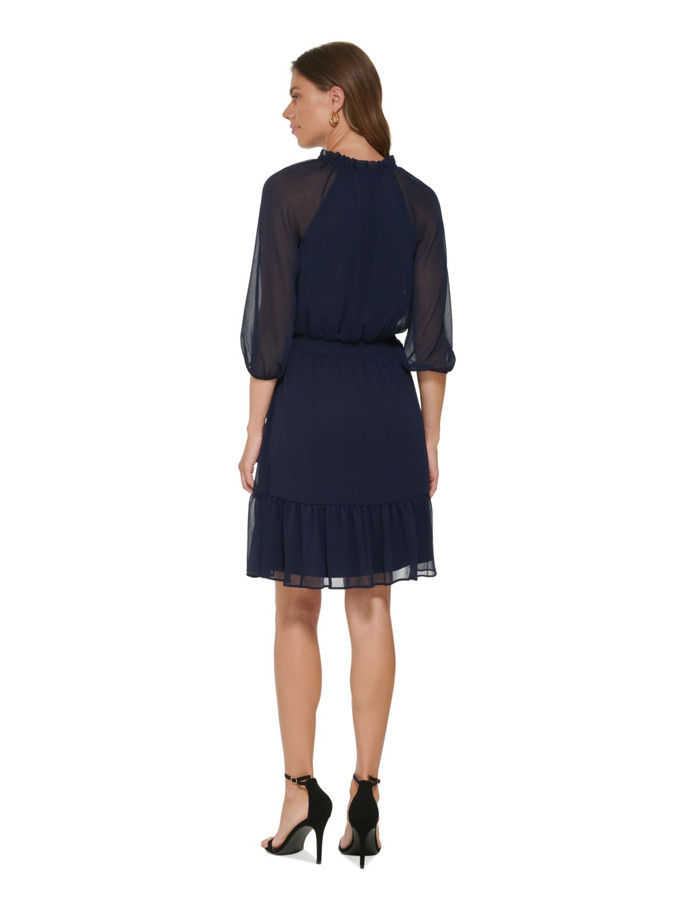 DKNY Womens Navy Smocked Lined Tie-neck Ruffled Pull-over 3/4 S Raglan Sleeve V Neck Above The Knee Fit + Flare Dress 10