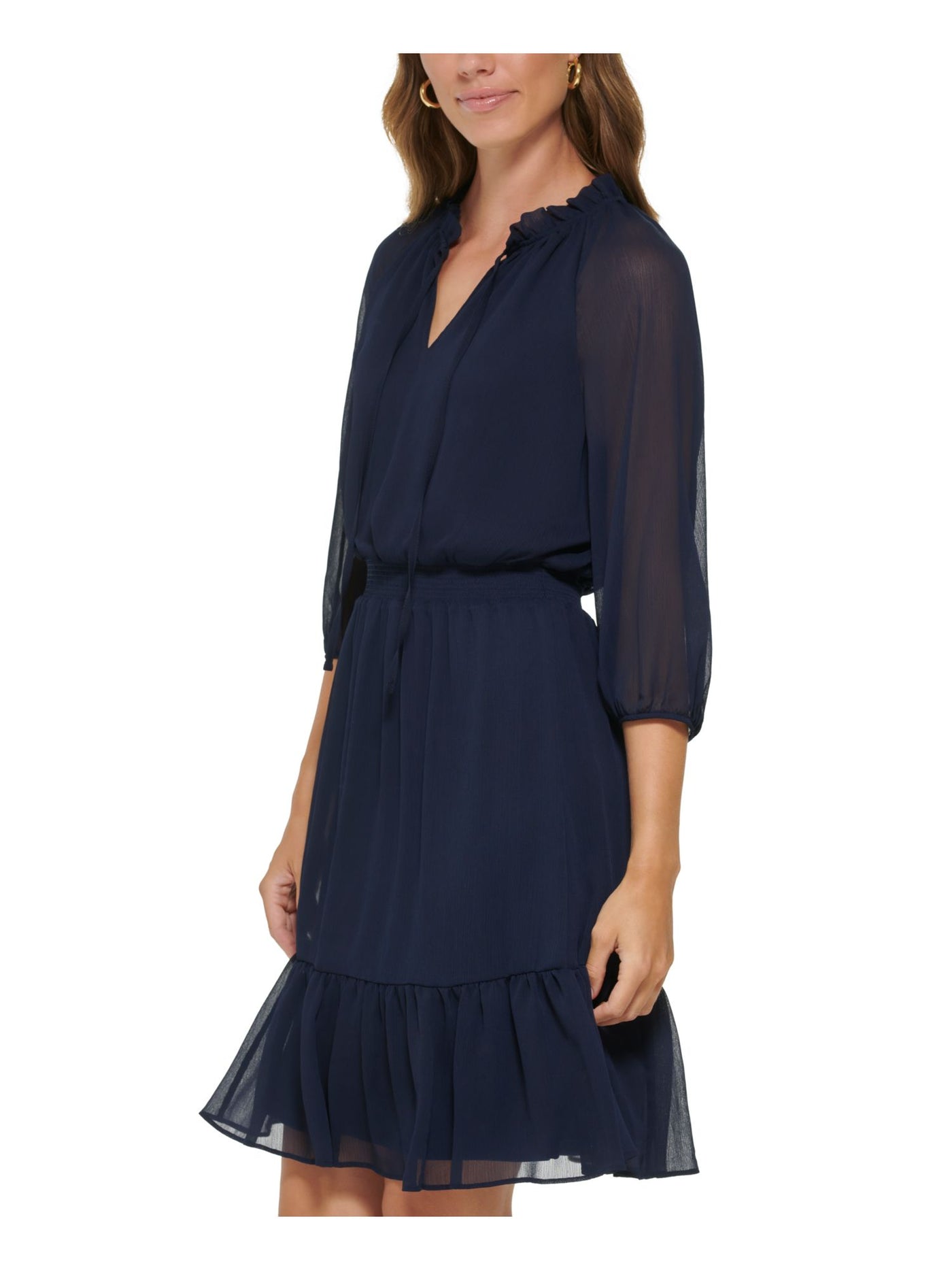 DKNY Womens Navy Smocked Lined Tie-neck Ruffled Pull-over 3/4 S Raglan Sleeve V Neck Above The Knee Fit + Flare Dress 10