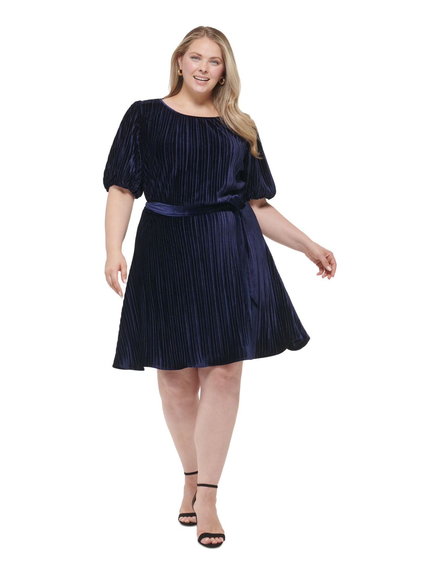 DKNY Womens Navy Ribbed Belted Balloon Sleeve Round Neck Above The Knee Cocktail Fit + Flare Dress Plus 14W