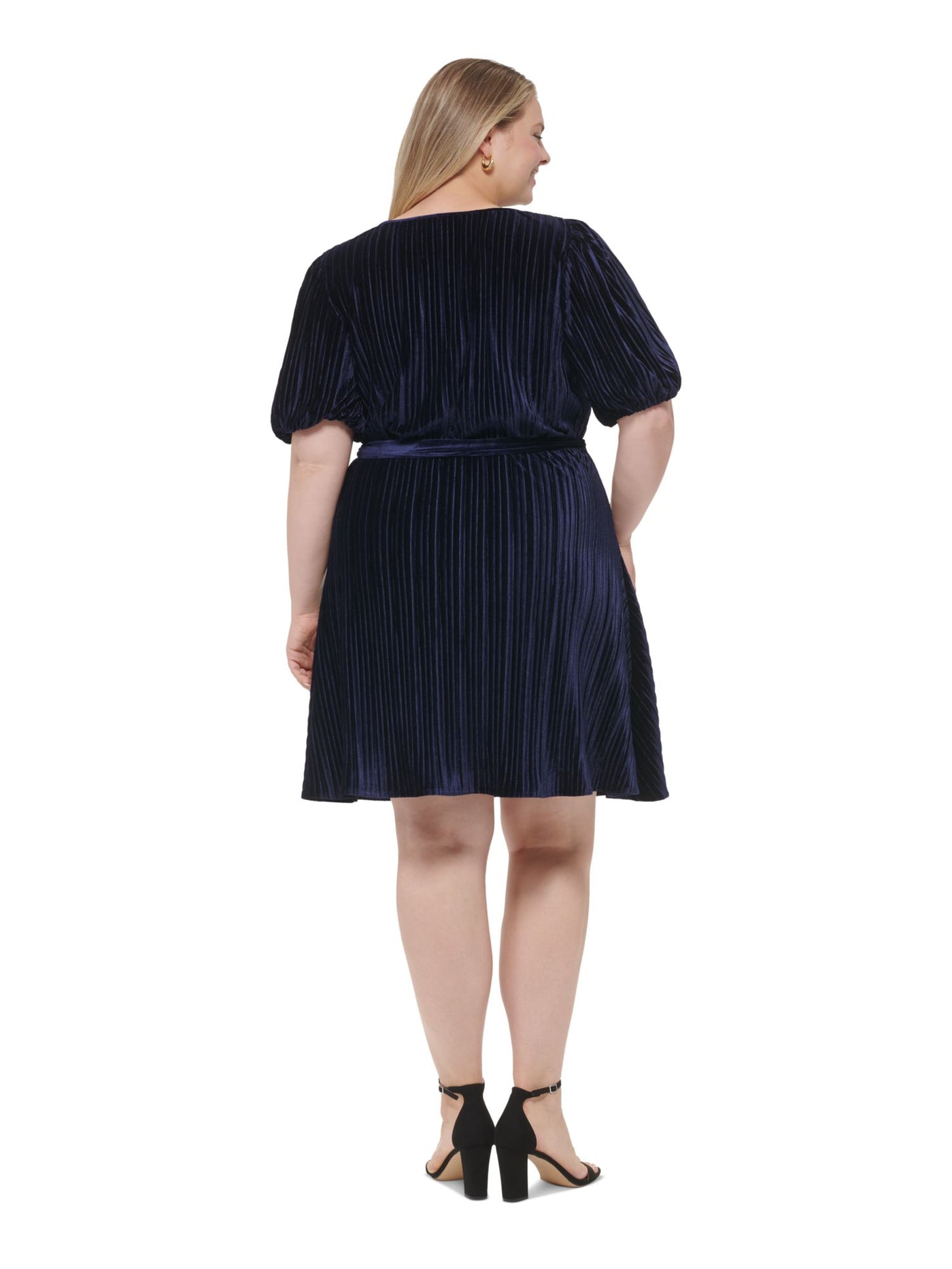 DKNY Womens Navy Ribbed Belted Balloon Sleeve Round Neck Above The Knee Cocktail Fit + Flare Dress Plus 16W