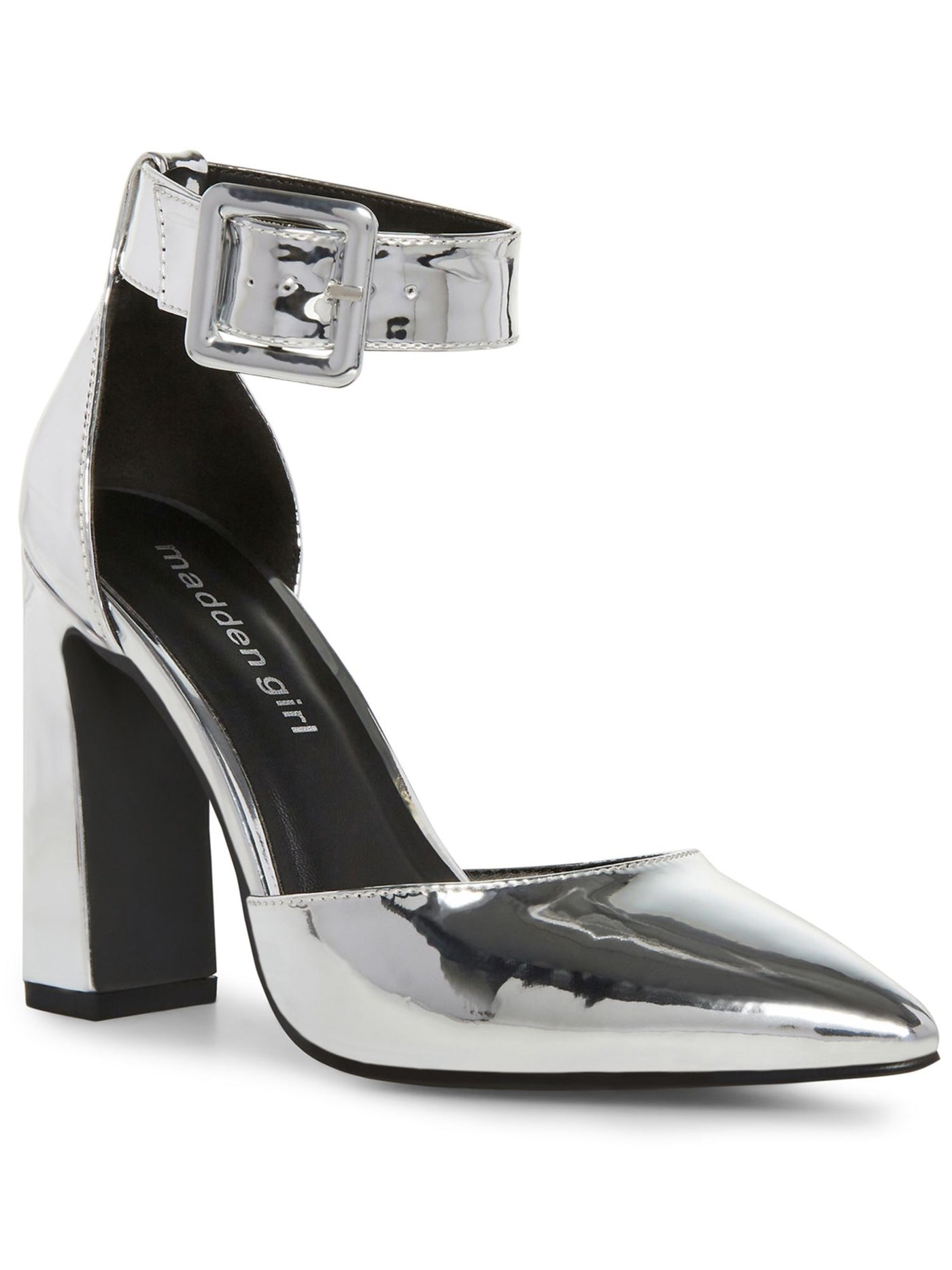 MADDEN GIRL Womens Silver Metallic Ankle Strap Padded Slay Pointed Toe Block Heel Buckle Pumps Shoes 6 M
