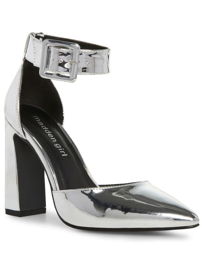 MADDEN GIRL Womens Silver Metallic Ankle Strap Padded Slay Pointed Toe Block Heel Buckle Pumps Shoes 6 M