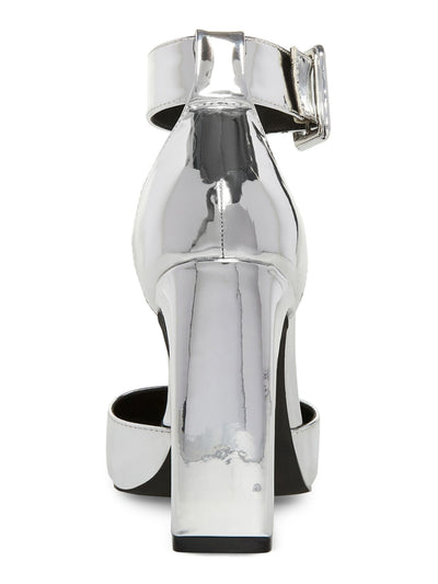 MADDEN GIRL Womens Silver Metallic Ankle Strap Padded Slay Pointed Toe Block Heel Buckle Pumps Shoes 6 M