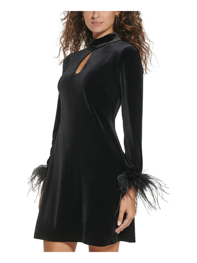 ELIZA J Womens Black Zippered Lined Keyhole Feather Trim Long Sleeve Mock Neck Short Party Sheath Dress Juniors 8