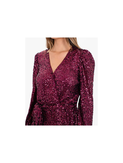 BETSY & ADAM Womens Burgundy Belted Lined Flounce Hem Pullover Blouson Sleeve Surplice Neckline Short Cocktail Fit + Flare Dress 2