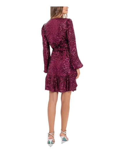 BETSY & ADAM Womens Burgundy Belted Lined Flounce Hem Pullover Blouson Sleeve Surplice Neckline Short Cocktail Fit + Flare Dress 2