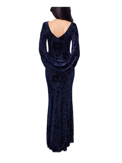 BETSY & ADAM Womens Navy Zippered Lined Split 3/4 Sleeves Draped Back Boat Neck Full-Length Evening Gown Dress 8