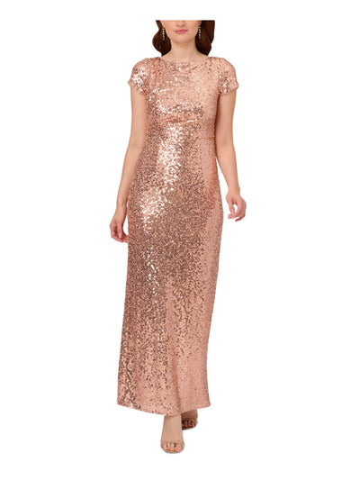 PAPELL STUDIO Womens Pink Sequined Lined Zippered Pleated Slitted Short Sleeve Boat Neck Maxi Evening Sheath Dress 2