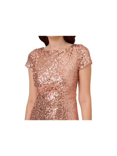 PAPELL STUDIO Womens Pink Sequined Lined Zippered Pleated Slitted Short Sleeve Boat Neck Maxi Evening Sheath Dress 2
