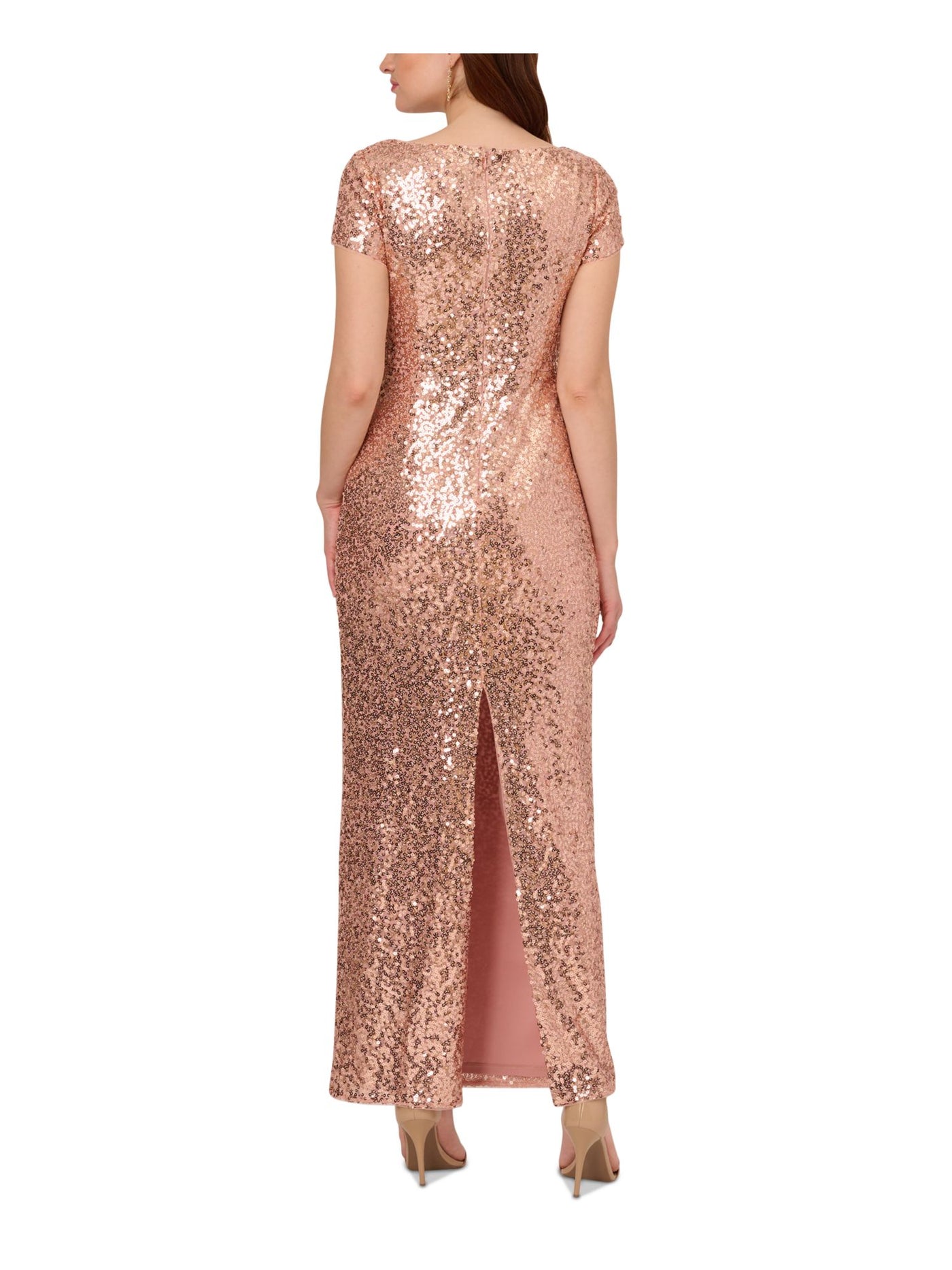 PAPELL STUDIO Womens Pink Sequined Lined Zippered Pleated Slitted Short Sleeve Boat Neck Maxi Evening Sheath Dress 2