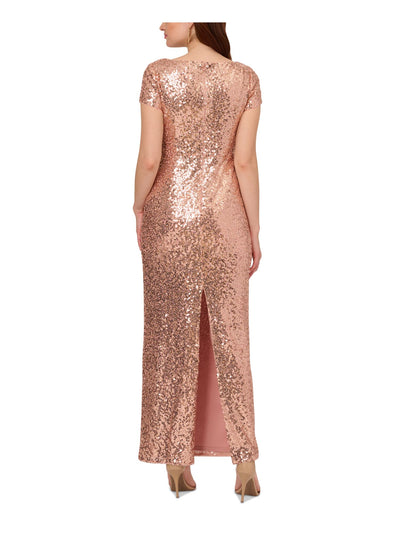 PAPELL STUDIO Womens Pink Sequined Lined Zippered Pleated Slitted Short Sleeve Boat Neck Maxi Evening Sheath Dress 2