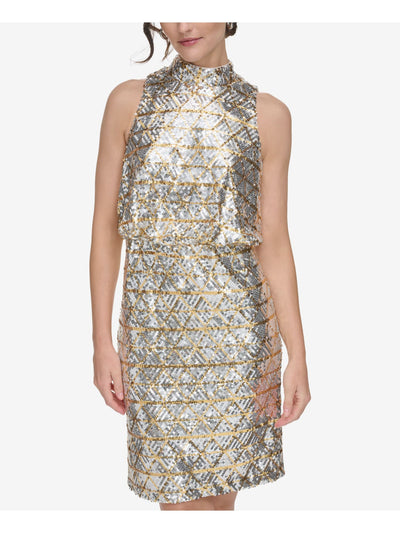 ELIZA J Womens Silver Zippered Sequined Lined Sleeveless Halter Above The Knee Cocktail Blouson Dress 12