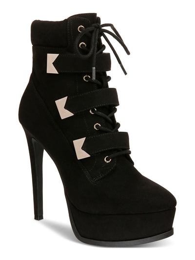 THALIA SODI Womens Black Lace Up Hook And Loop Straps Padded Collar Padded Sasha Almond Toe Stiletto Zip-Up Dress Boots 8 M
