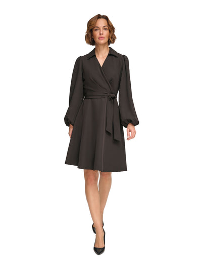 DKNY Womens Black Pleated Zippered Collared Self-tie Belt Blouson Sleeve Surplice Neckline Above The Knee Wear To Work Faux Wrap Dress 2