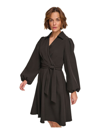 DKNY Womens Black Pleated Zippered Collared Self-tie Belt Blouson Sleeve Surplice Neckline Above The Knee Wear To Work Faux Wrap Dress 2