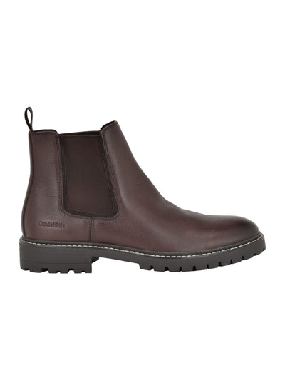 CALVIN KLEIN Mens Brown Padded Back Pull-Tab Lug Sole Goring Letrel Almond Toe Block Heel Chelsea Boot 8.5